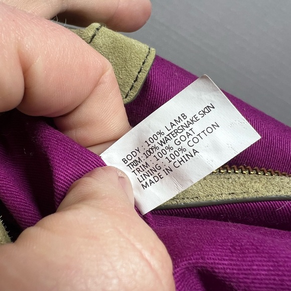 Brian Atwood Snakeskin Saddle crossbody Purse made w/ goat&lamb Green 10”x8” - Picture 5 of 16